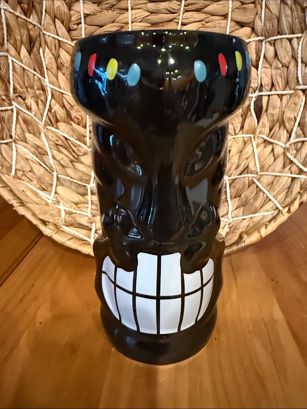 Tiki Style Tall Ceramic Drink/Cocktail Glass/Vase, Black, 7 1/8” tall